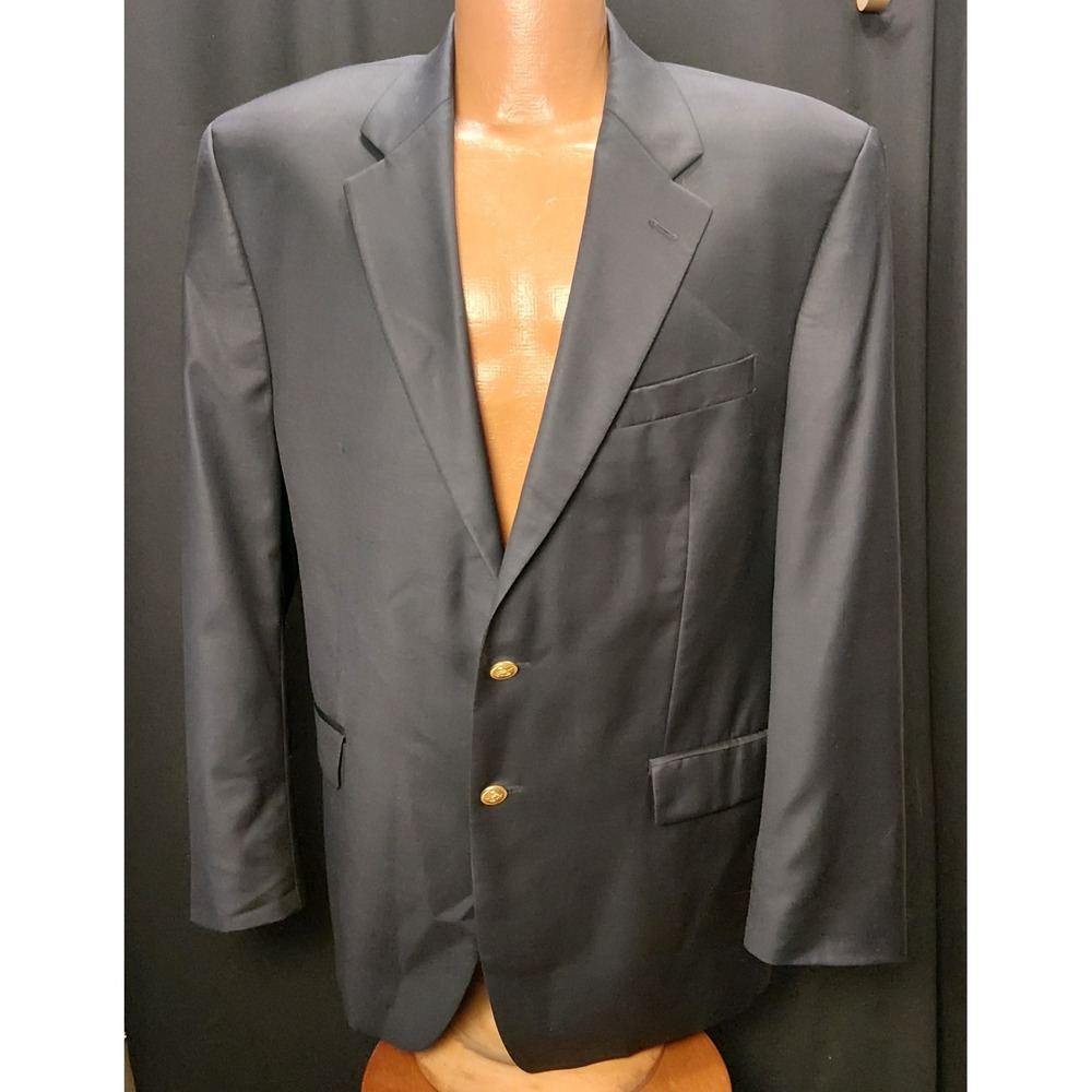 Lauren Ralph Lauren Mens Navy Blue Wool Blazer Gold Crest Button Sport Coat 44R